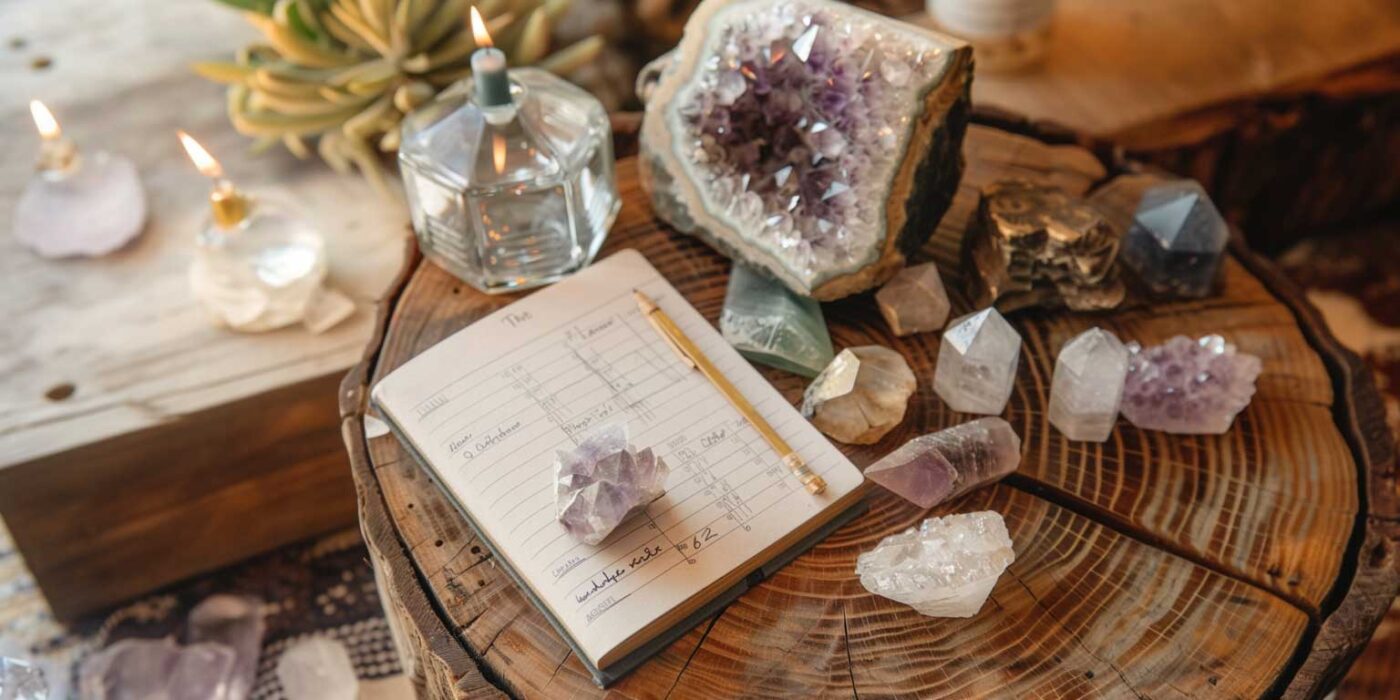 a notebook and pencil on a tree stump with crystals and a candle