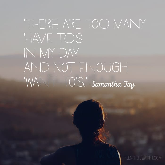 A person gazing out at a horizon with a poignant quote overlay: "There are too many 'have to's in my day and not enough 'want to's." - Samantha Fay, by the