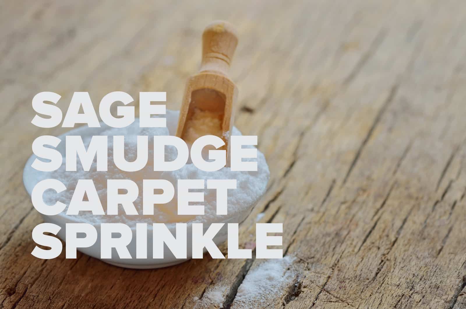 A wooden scoop with white powder sprinkled on a natural wooden surface, with the words "occult sage smudge carpet sprinkle" floating above, suggesting a natural deodorizing or cleansing product for carpets