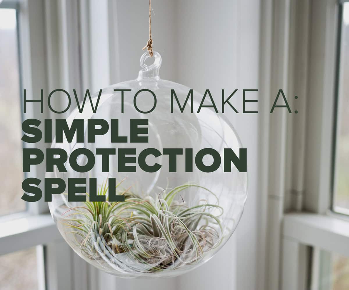 A transparent glass orb hanging by a window contains a small plant, with text overlay reading 'how to make a simple protection spell', perfect for any spiritual new age product collection.