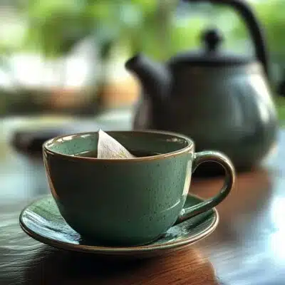a tea cup and saucer with tea bag in it