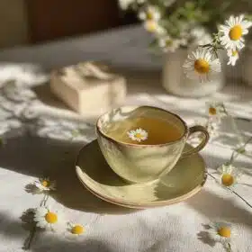 a cup of tea with a flower in it