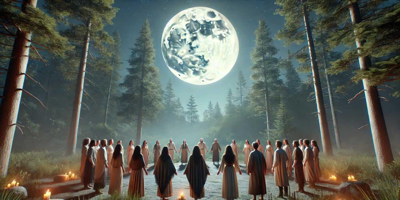 a group of people standing in a circle in front of a full moon