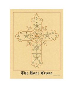 An ornate cross with stars within it printed on a piece of yellow parchment paper