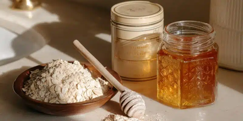 a bowl of oatmeal and honey next to a jar of honey