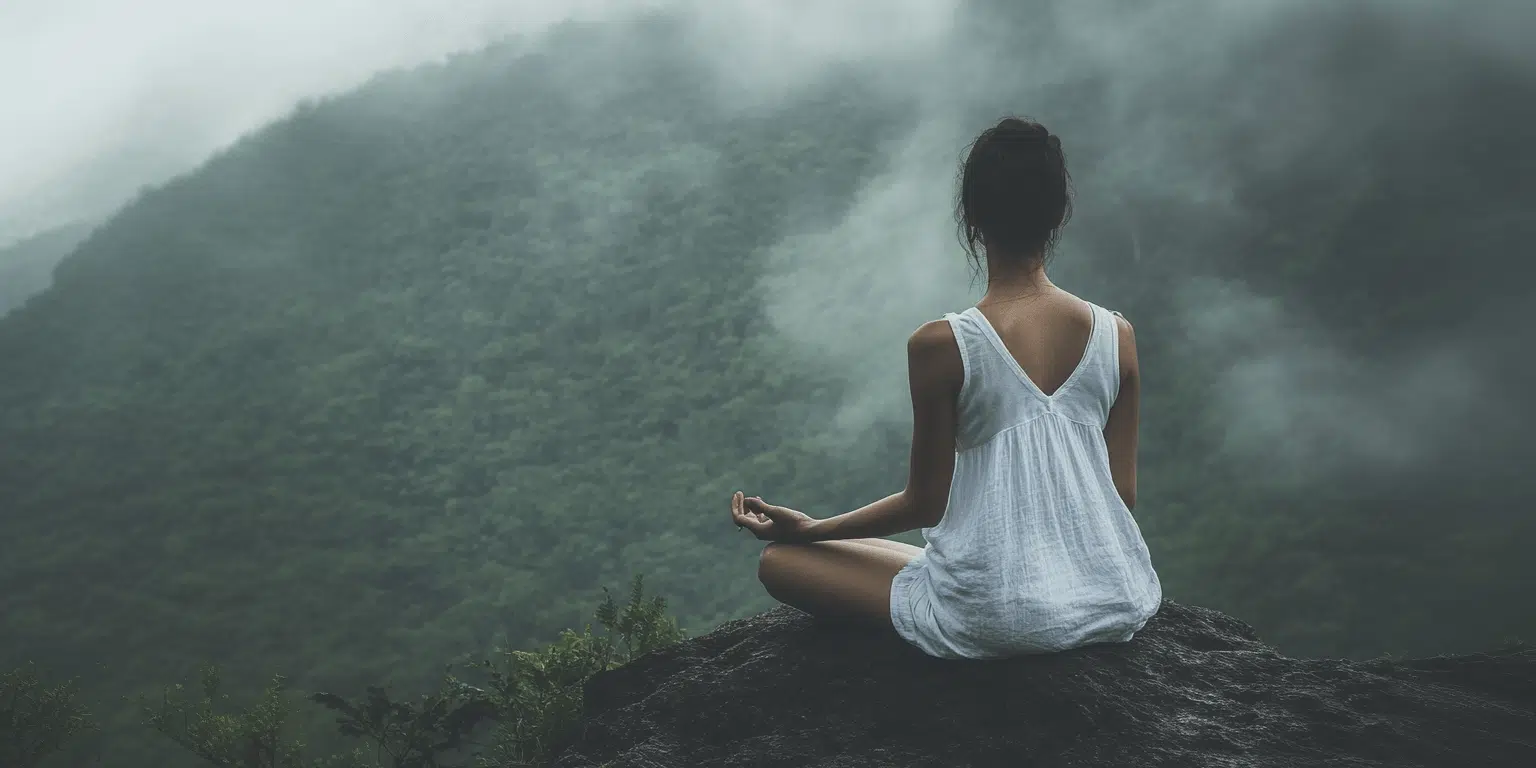 A woman practicing mindful breathing while meditating on a misty mountaintop, embracing serenity and nature.
