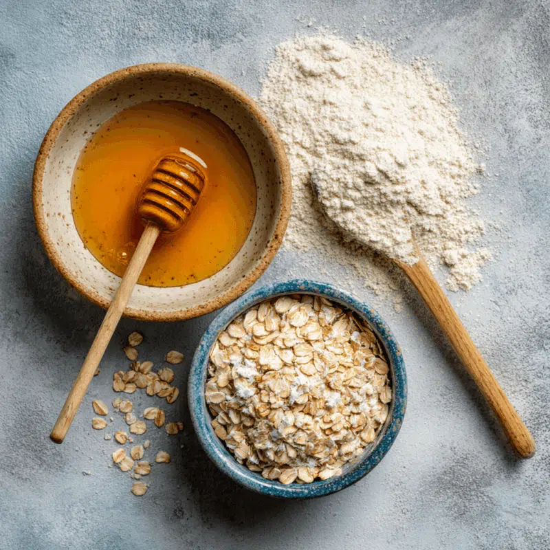 Nourishing 3-Ingredient Honey Face Mask Recipe With Oats & Goat’s Milk 4 a bowl of oats and honey next to a spoon
