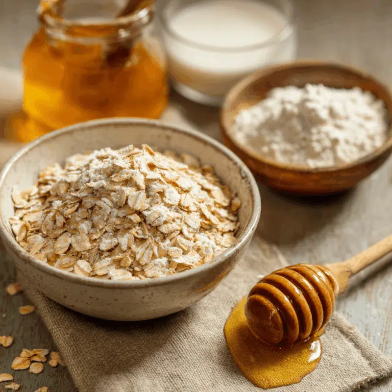 Nourishing 3-Ingredient Honey Face Mask Recipe With Oats & Goat’s Milk 2 a bowl of oatmeal with a spoon and honey for a honey face mask recipe
