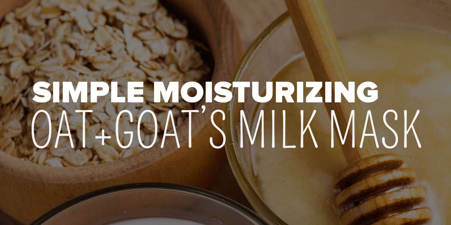 A bowl of oats next to a jar of honey and a glass of goat's milk, set against the mystical ambiance of a metaphysical shop, with text overlay reading "simple moisturizing oat + goat