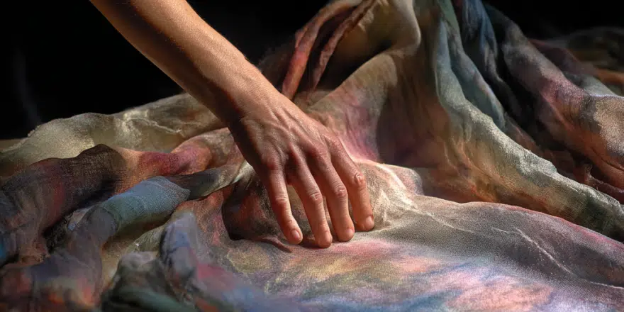 Mindful Touch Exercise: Touch Of Happiness 1 a hand touching a fabric for mindful touch exercise