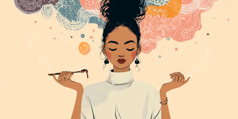 a woman holding a spoon and a chopstick, practicing mindful eating