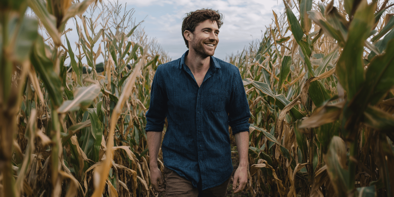 a man in a corn field to practice mindful walking meditation