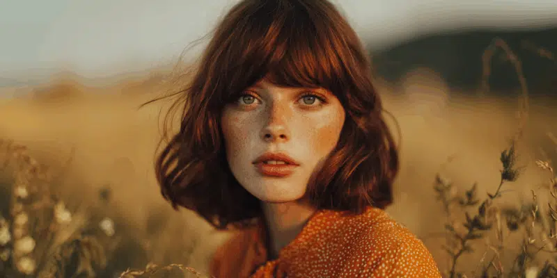 a woman with short red hair and bangs practicing a mindful seeing exercise