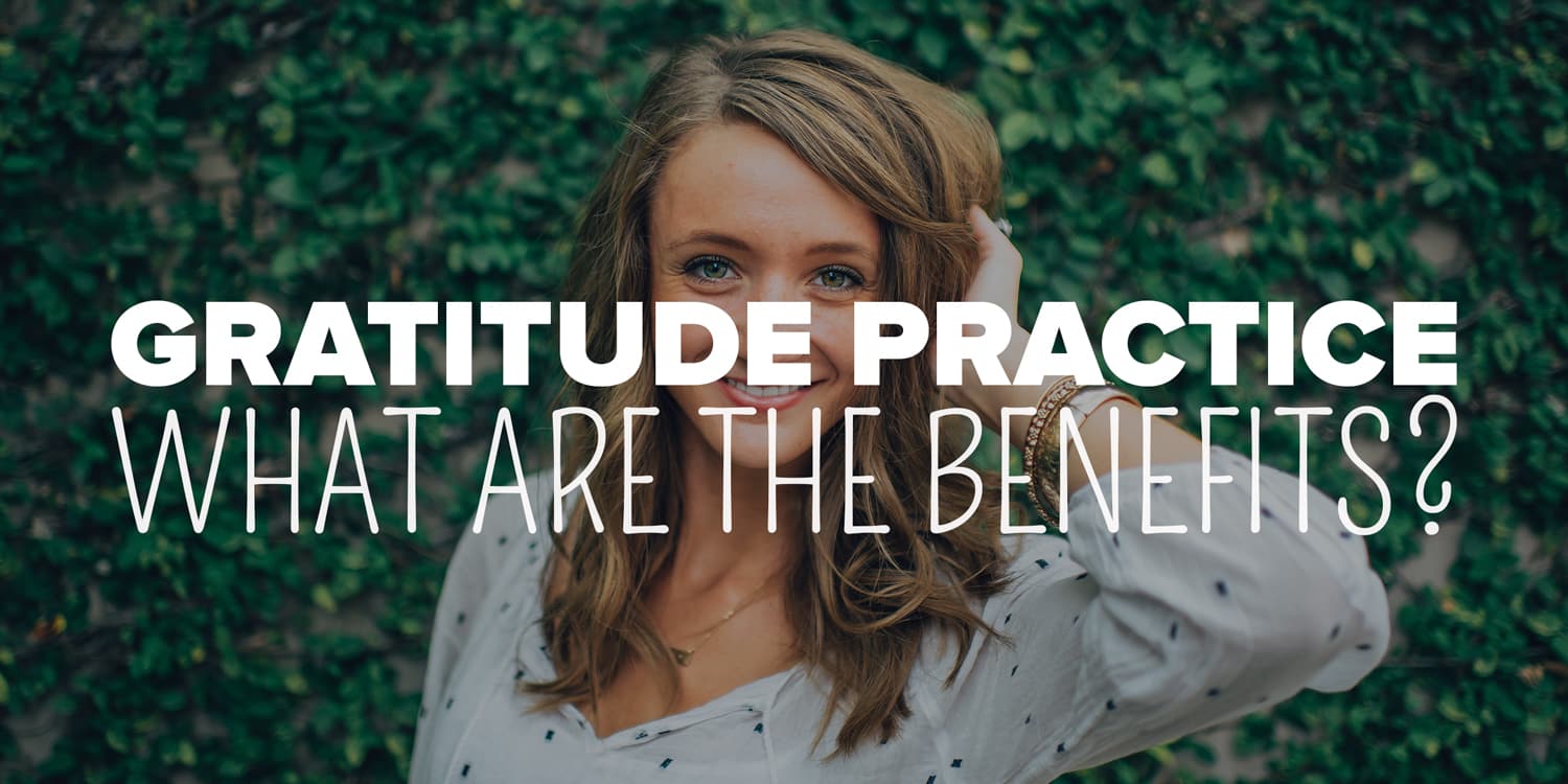 A smiling woman with her hand on her head against a backdrop of greenery, overlaid with text about the benefits of spiritual gratitude practice.