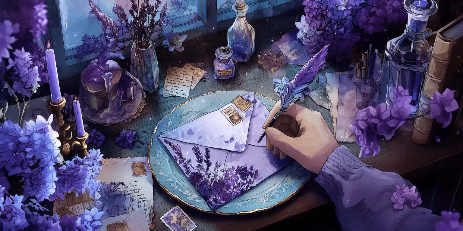 a hand writing on a plate with envelopes and flowers, doing gratitude practices