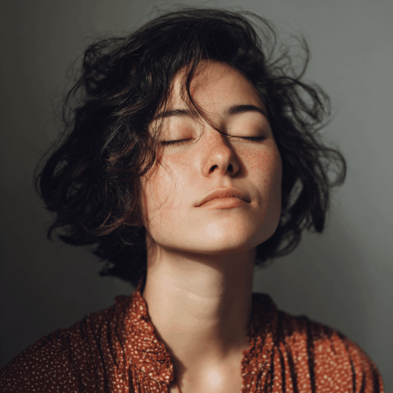 5 Mindfulness Exercises For Stress Management: Simple Tools Backed By Science 2 a woman with her eyes closed practicing mindfulness exercises for stress