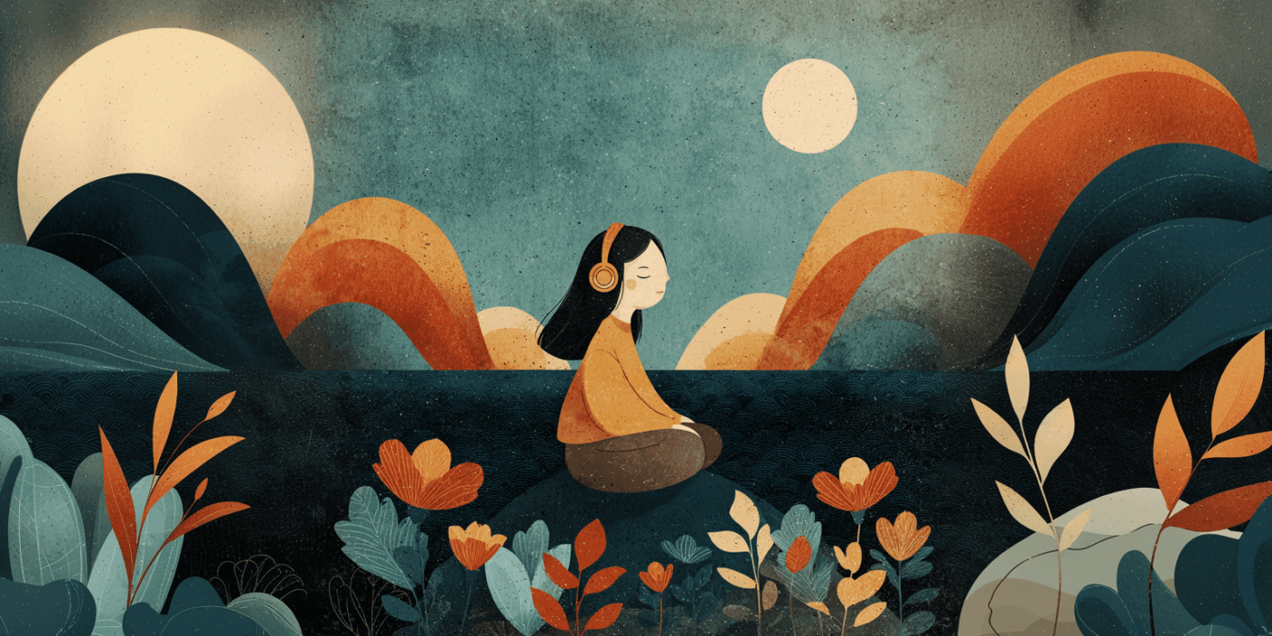 a girl sitting on a rock with headphones on
