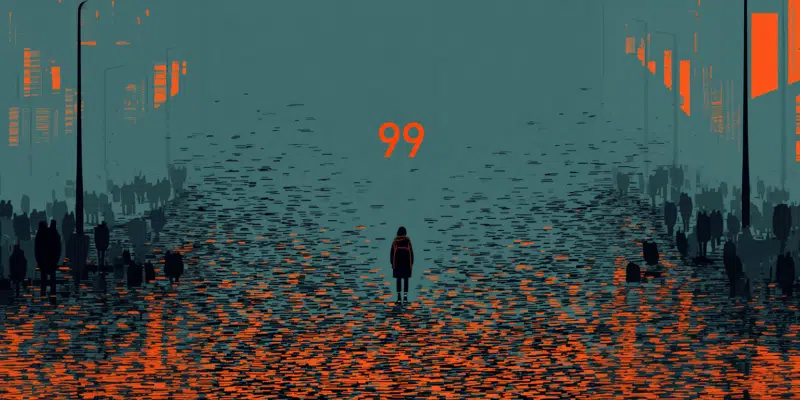 a person standing in a field of orange and black objects looking at the master number 99