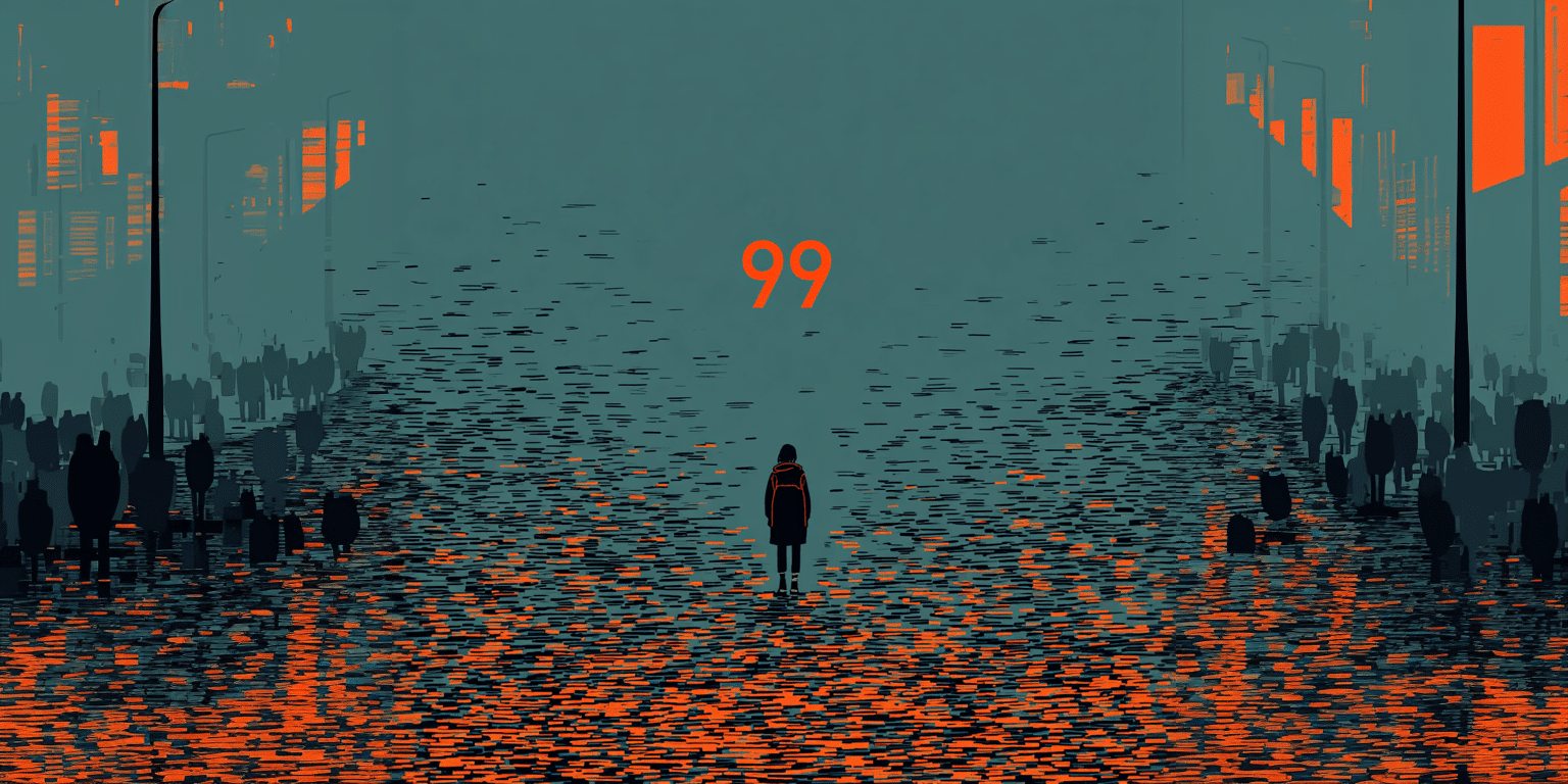 a person standing in a field of orange and black objects looking at the master number 99