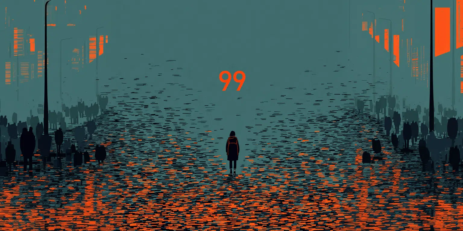 a person standing in a field of orange and black objects looking at the master number 99