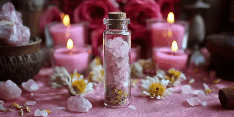 a glass bottle with pink crystals and flowers