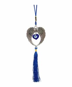 Heart shaped blue evil eye bead with heart shaped angel wings around it and a blue tassel