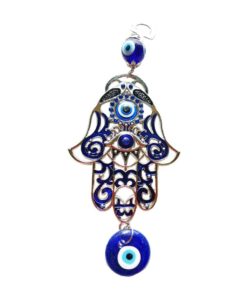 an upside down hand made of metal with blue eye beads around it