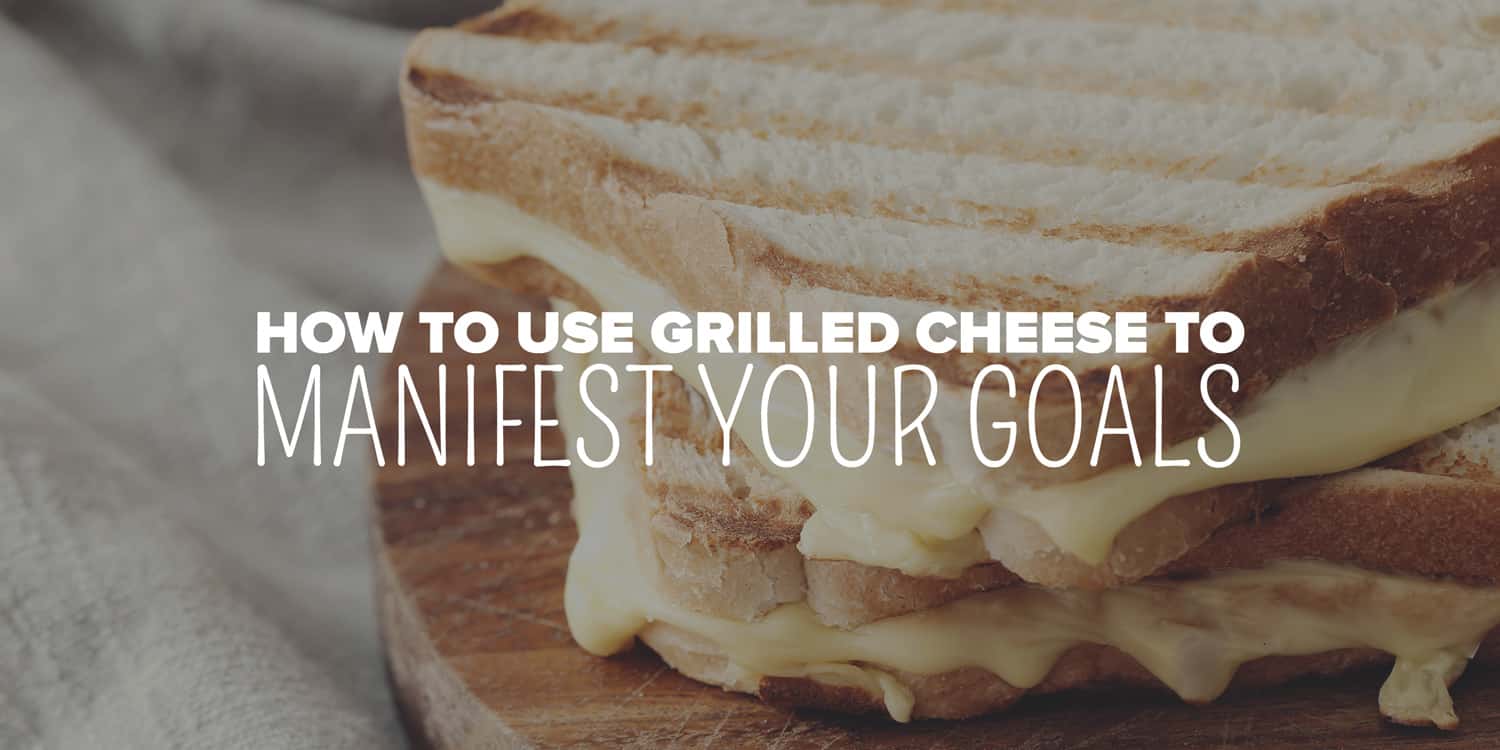 A comforting grilled cheese sandwich on a wooden board with text overlay 'how to use grilled cheese in spiritual practices to manifest your goals' - a savory spin on achieving your aspirations.