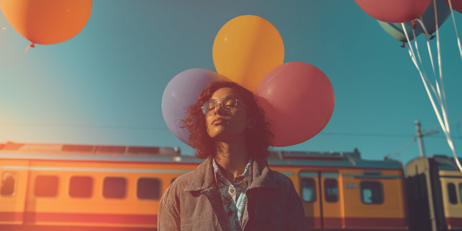 a woman with balloons on her head