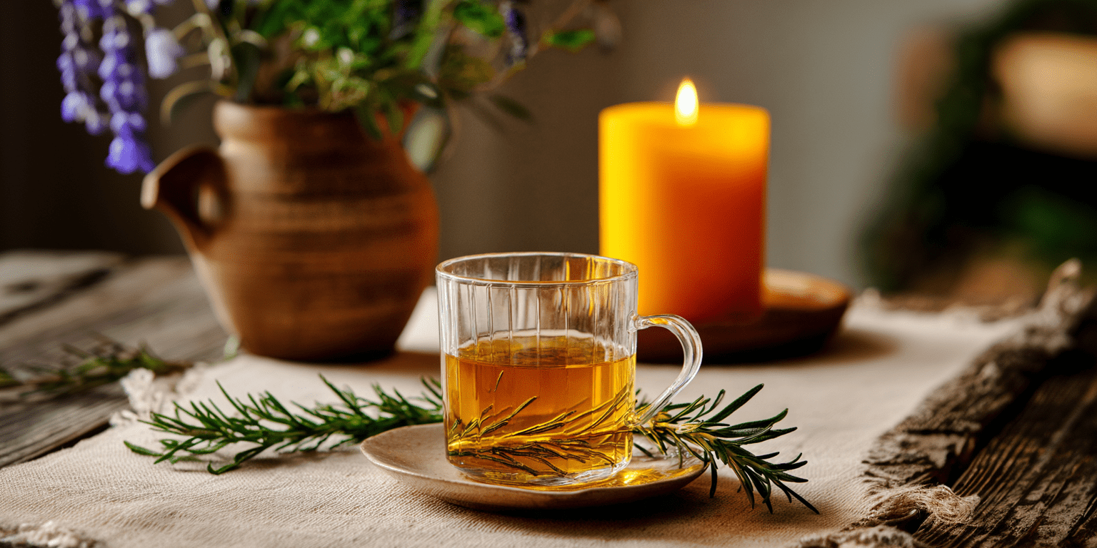a glass cup of liquid on a saucer with a plant and a candle