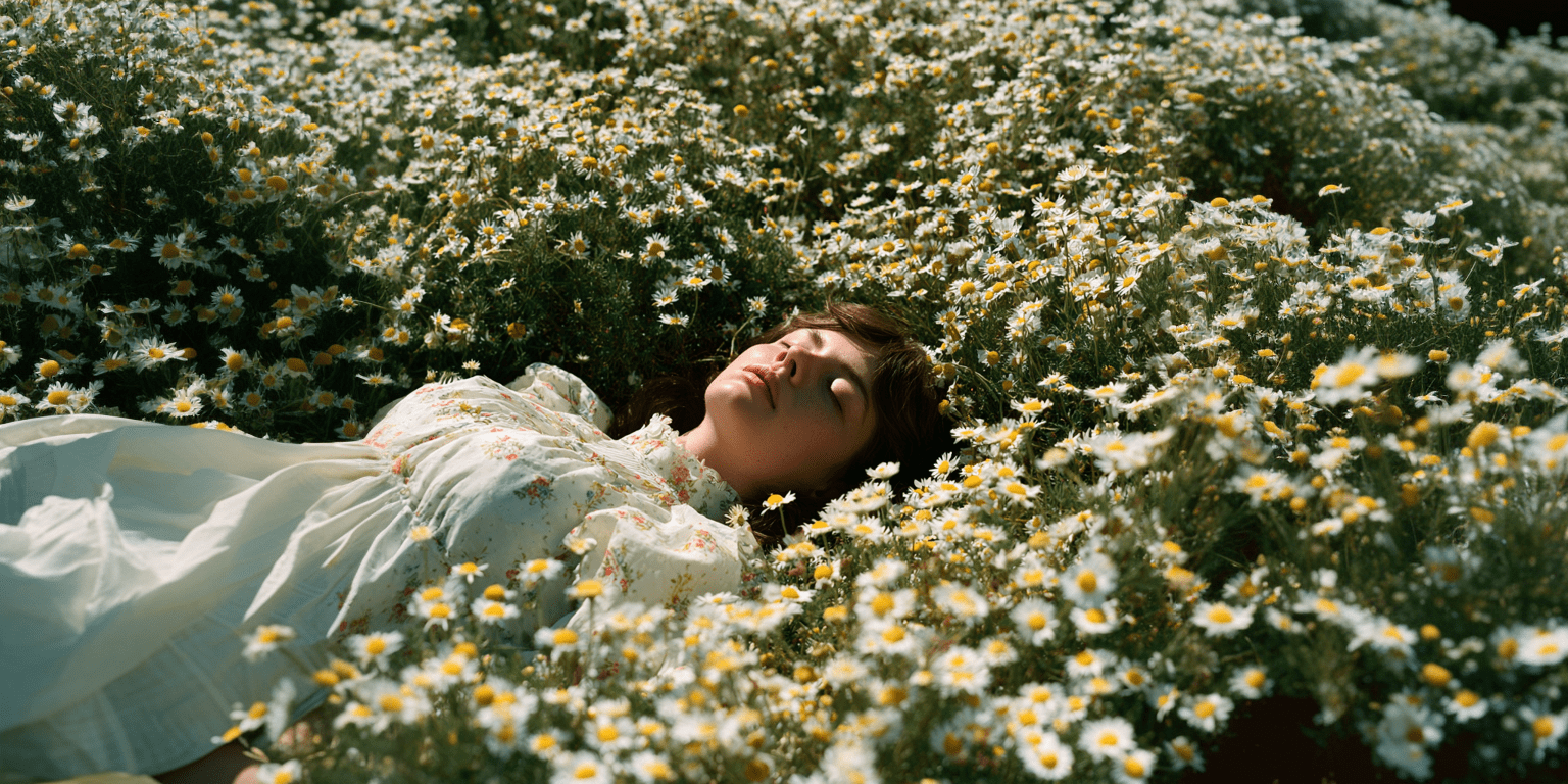 a woman lying in a field of flowers