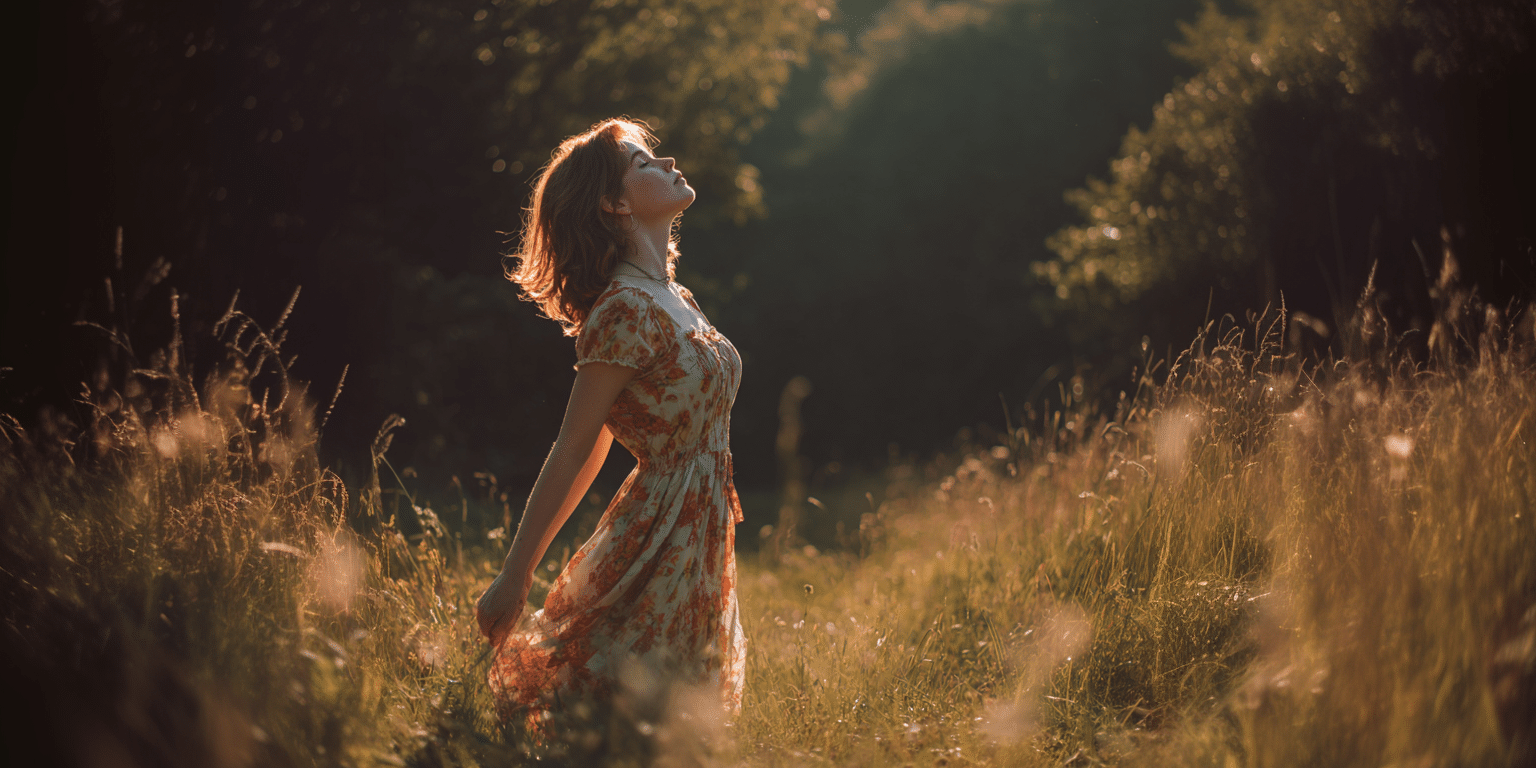 a woman standing in a field in a sundress