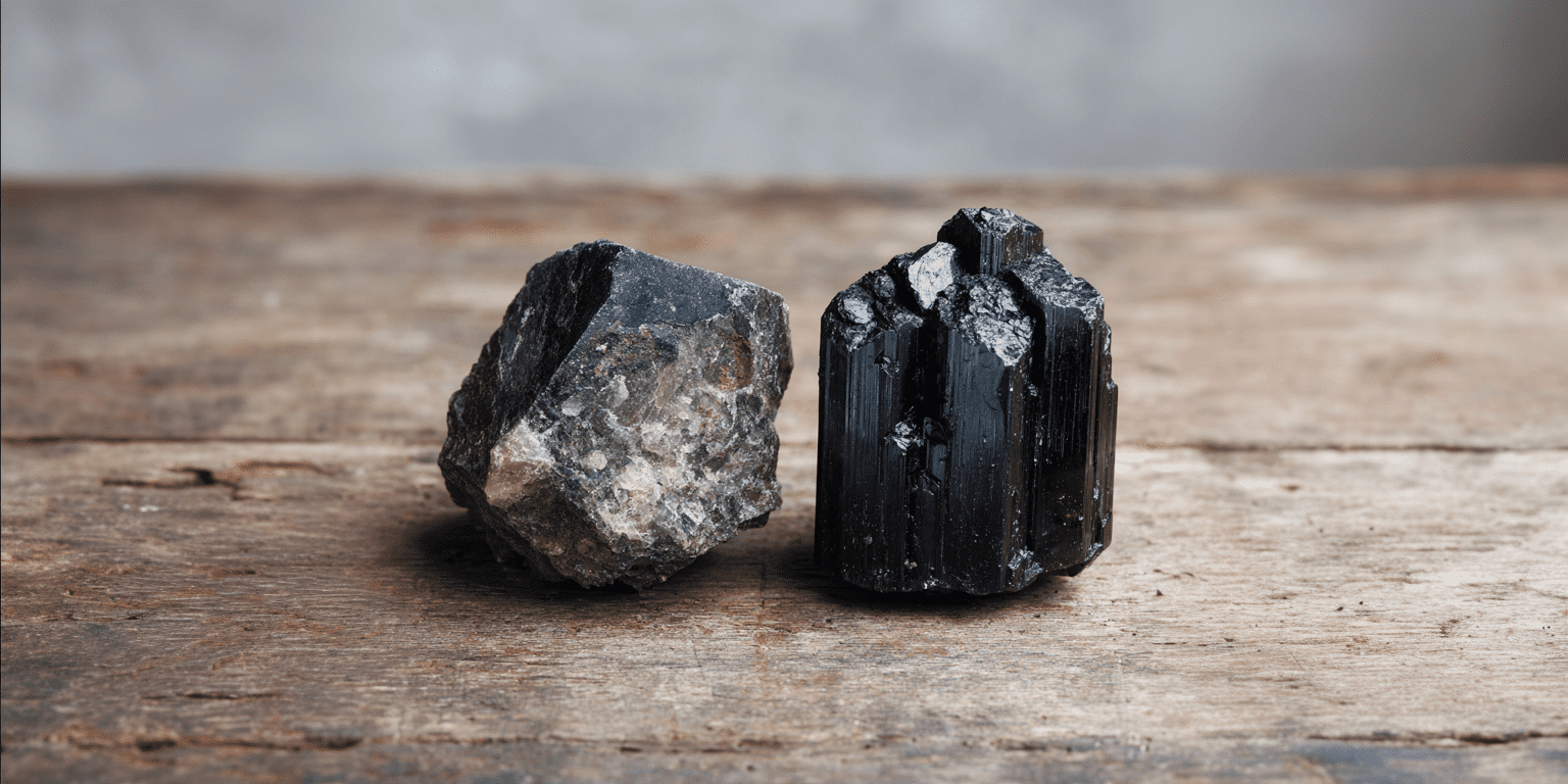 Two black mineral specimens on wood