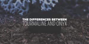 The Differences between Tourmaline and Onyx 7 Black gemstone on forest floor with text overlay "The differences between tourmaline and onyx" for your metaphysical shop.