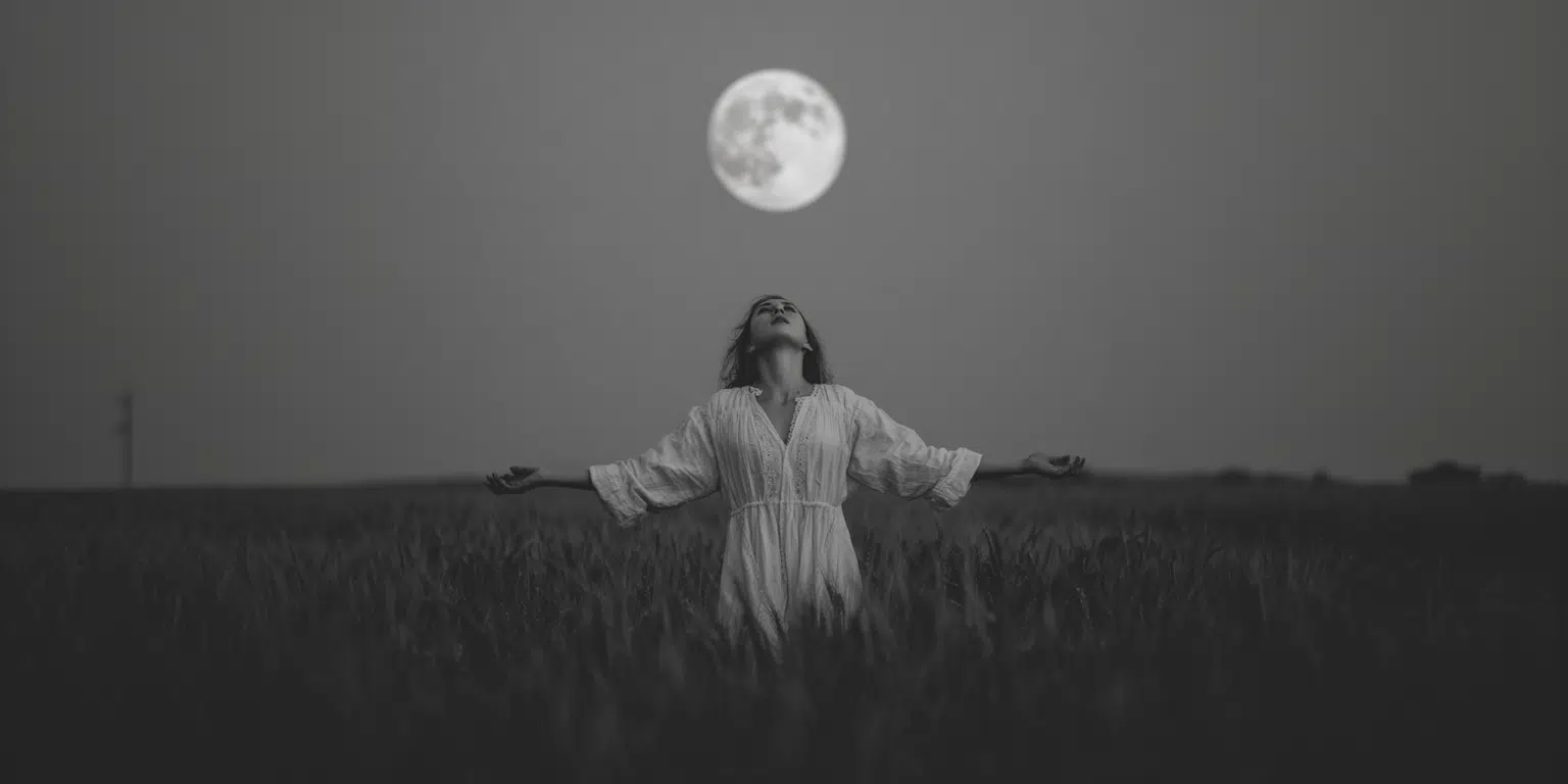 A woman standing under a full moon with her arms outstretched as she does a full moon chant