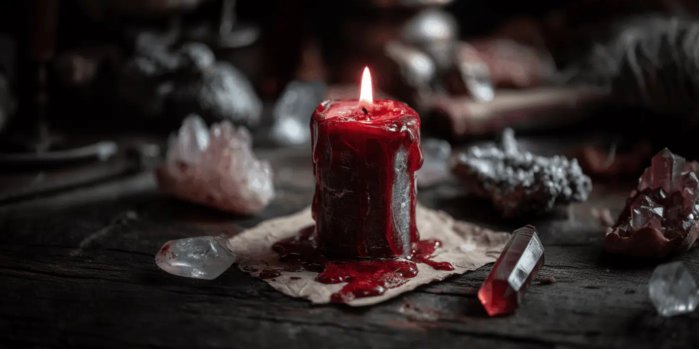 Red Candle Healing Spell: Restore Vitality with Fire & Intention 1 Candle surrounded by healing crystals.