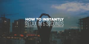 How to Relax in 2 Steps (5 seconds!) 1 Silhouette of a person forming a heart shape with their hands against a city skyline at dusk, with the text "how to instantly relax in 5 seconds with new age product.