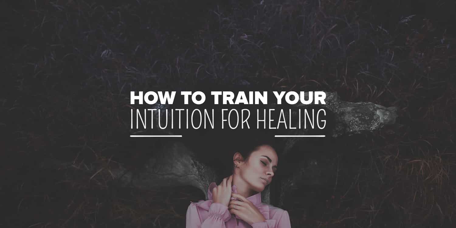 A woman with closed eyes rests against a natural backdrop, embodying tranquility, with the text "how to train your intuition for metaphysical healing" offering a theme of personal growth and well-being.