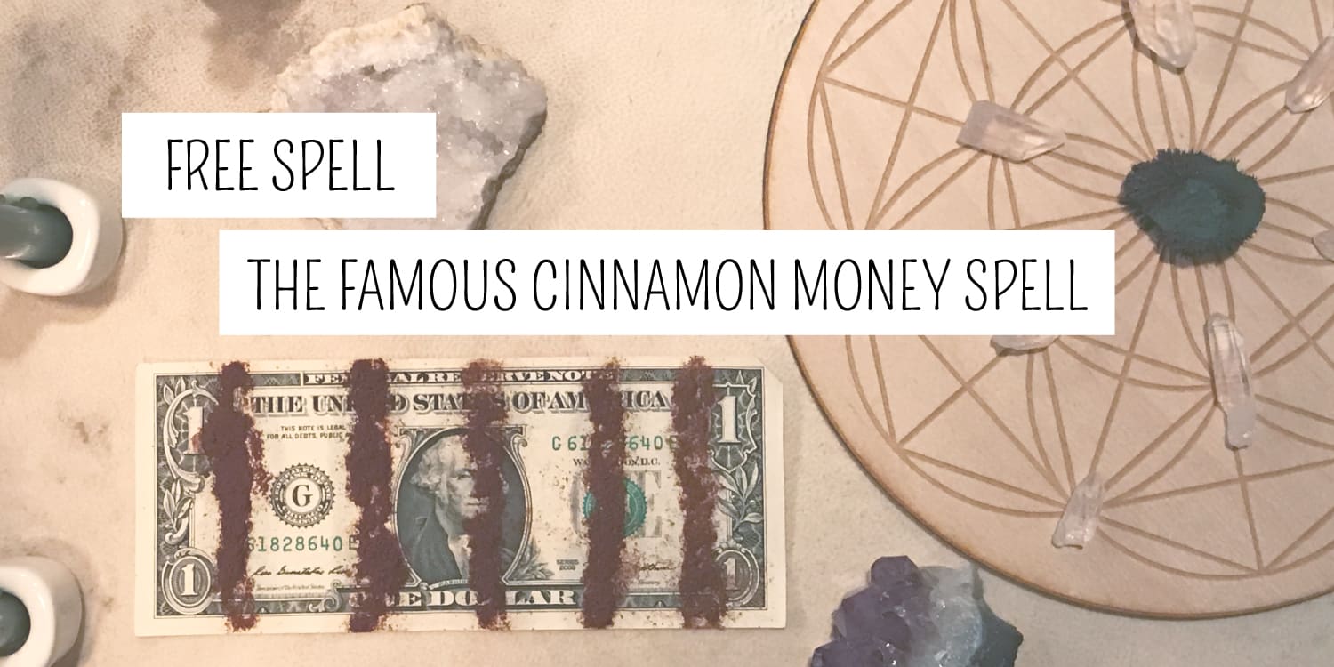 An assortment of items arranged for a prosperity ritual at a metaphysical shop, featuring American dollar bills, crystals, and a pentacle, with text overlay "free spell - the famous cinnamon money spell".
