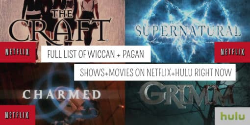 A collage showcasing a selection of metaphysical-themed television shows and movies available on Netflix and Hulu, featuring titles related to witchcraft, magic, and folklore.