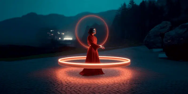 Woman in red dress with glowing rings