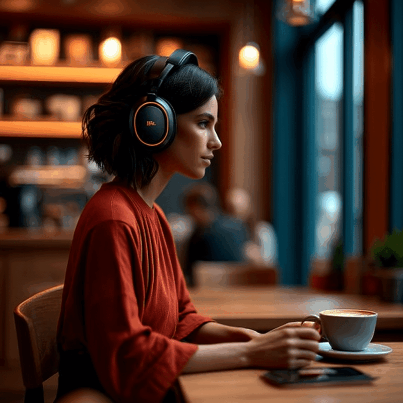 Wiccan Circles for Beginners 🌙 Simple Guide to Casting (and When to Skip It) 2 Woman enjoying coffee in busy coffee shop. A wiccan circle is like her headphones, drowning out excess noise.