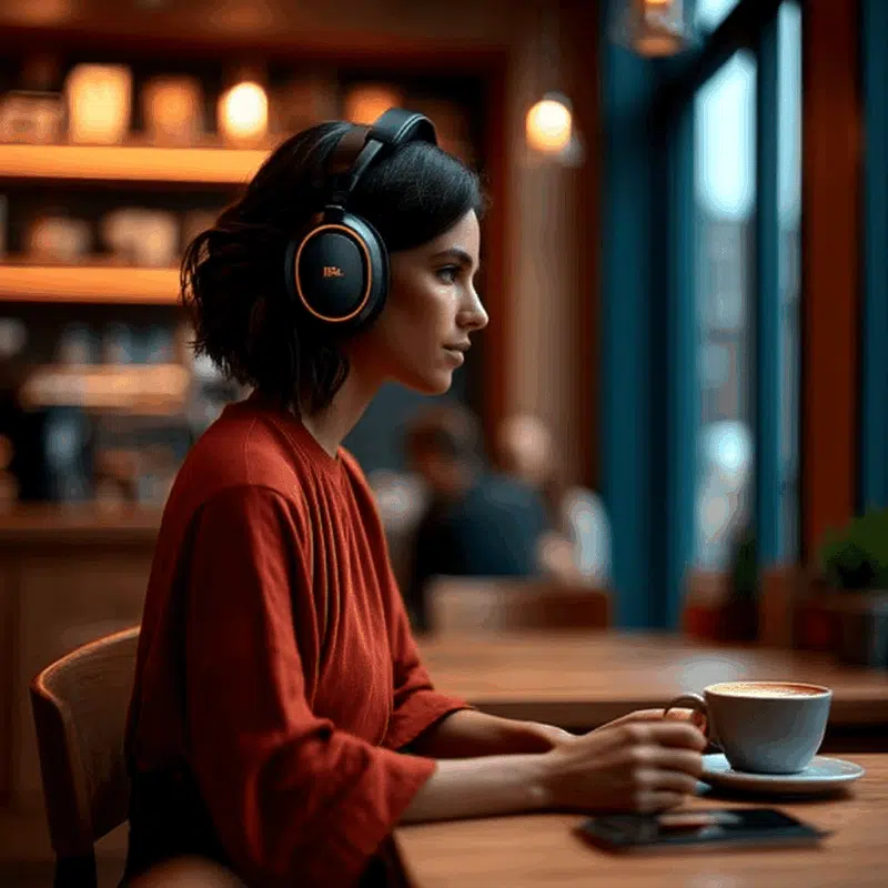 Woman enjoying coffee in busy coffee shop. A wiccan circle is like her headphones, drowning out excess noise.