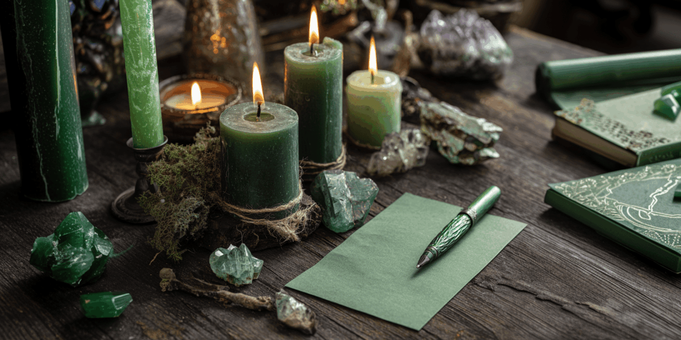 a green candles and a pen next to a piece of paper