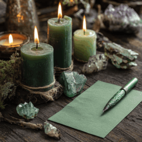 Free Job Spell | Manifest Your Perfect Job & Coworkers 71 a green candles and a pen next to a piece of paper