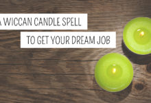 Two lit green candles on a wooden surface with text "a wiccan candle spell to get your dream job", available at our metaphysical shop.