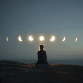 Woman observing moon phases at dusk.