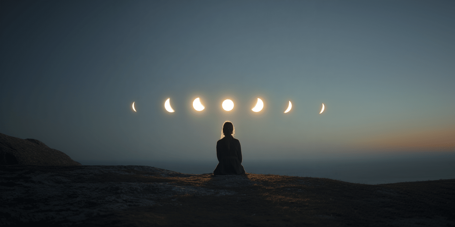 Woman observing moon phases at dusk.