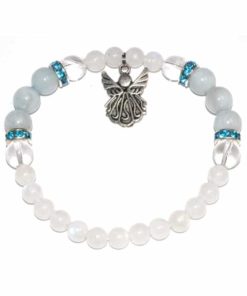 A blue and clear beaded crystal bracelet with an angel charm