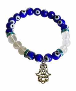 A blue evil eye beaded bracelet with clear crystal beads and a hand charm